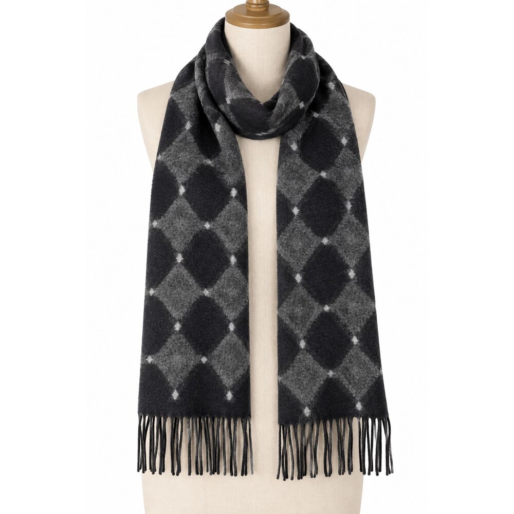 V.Fraas Cashmink Scarf Made in Germany Black Grey Diamond Print Fringe Preppy